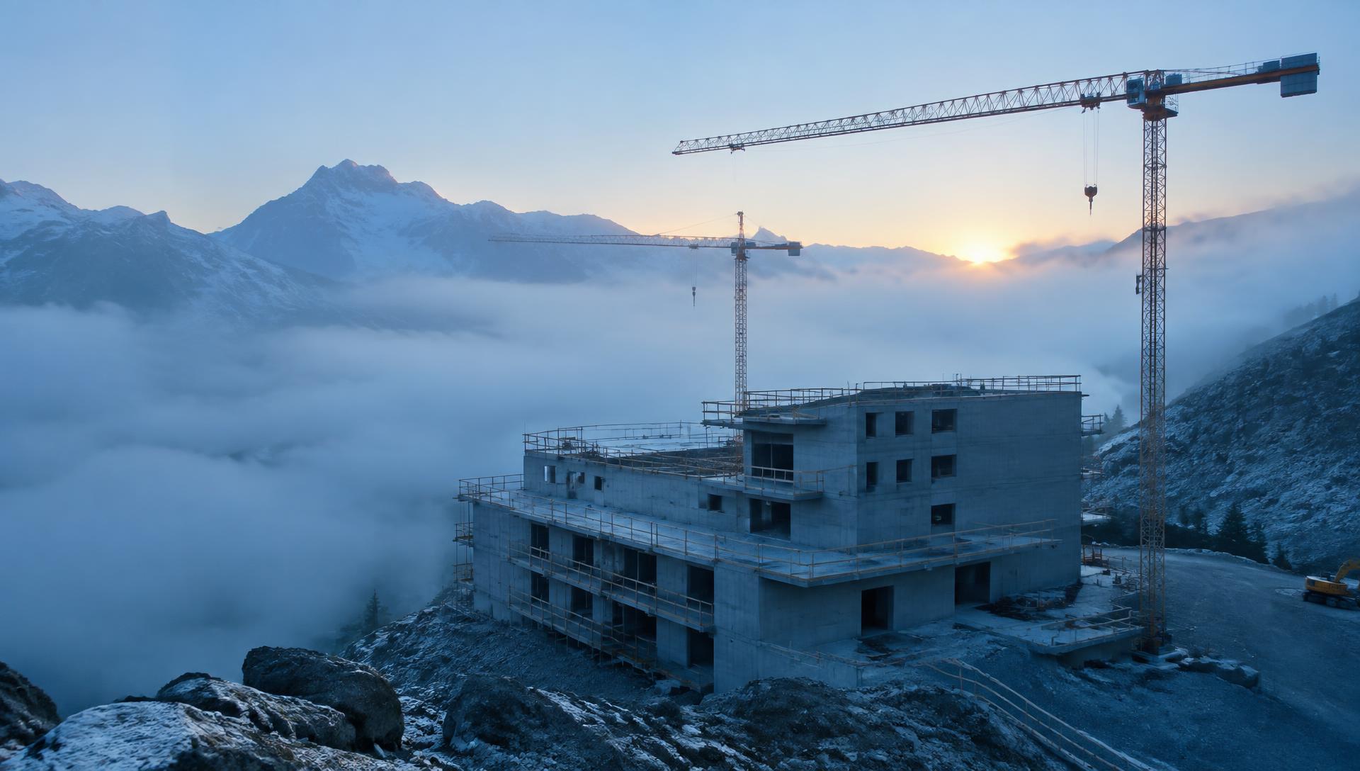 Alpine Baustelle im Morgennebel